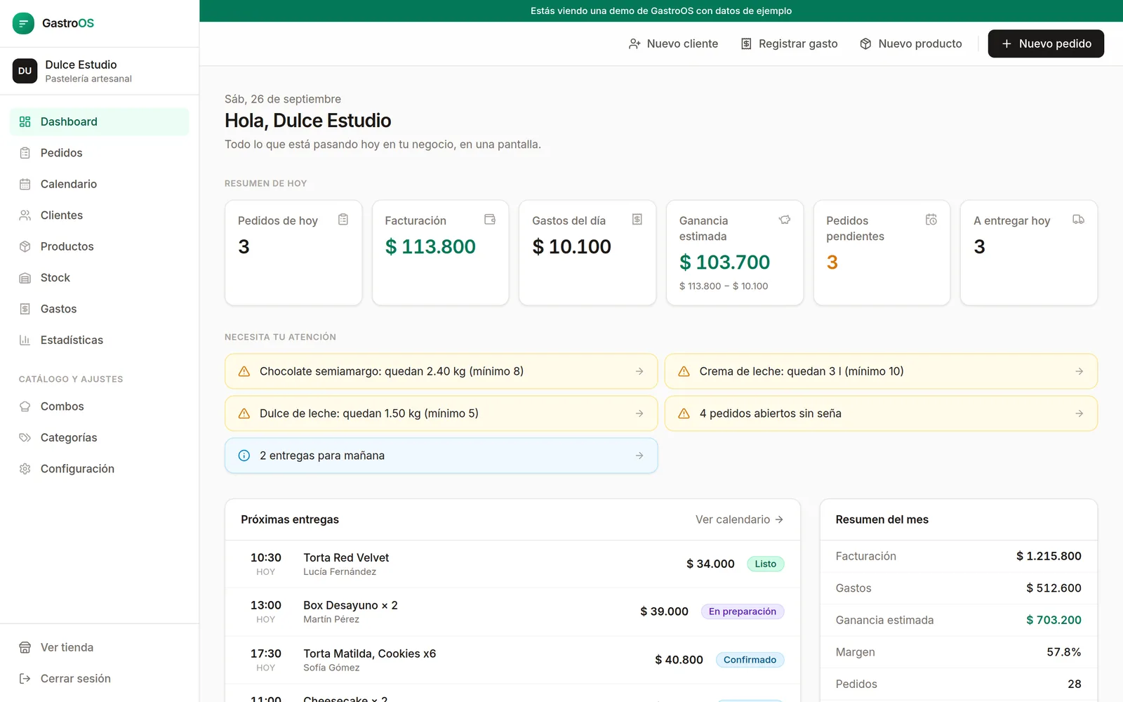 Dashboard de GastroOS con el resumen del día, alertas de stock y próximas entregas