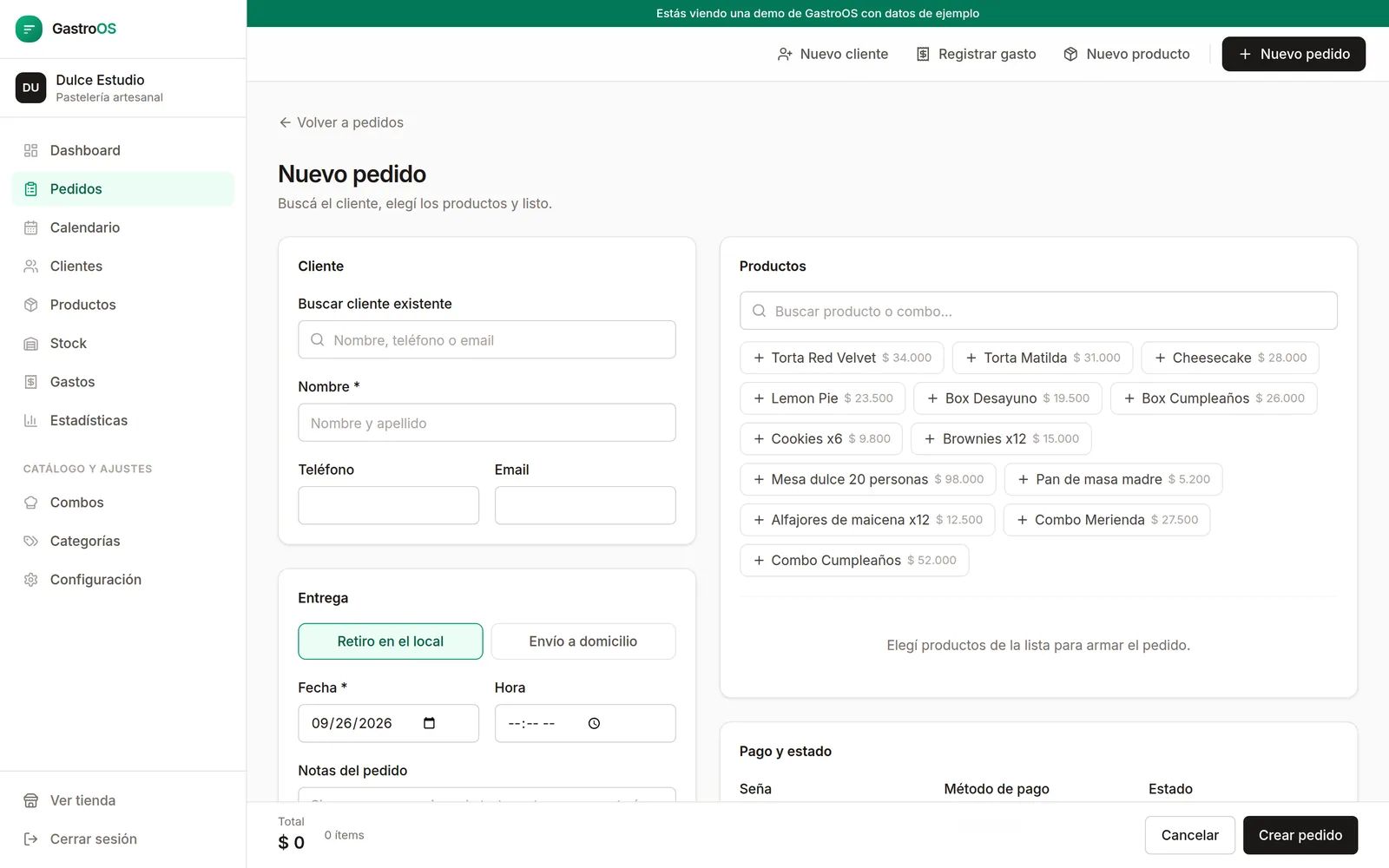 Pantalla de alta de pedido con buscador de clientes y catálogo